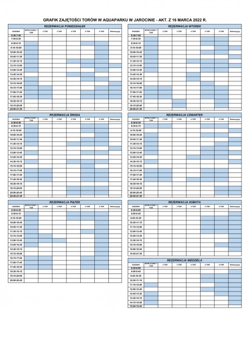 GRAFIK ZAJĘTOŚCI TORÓW AQUAPARK